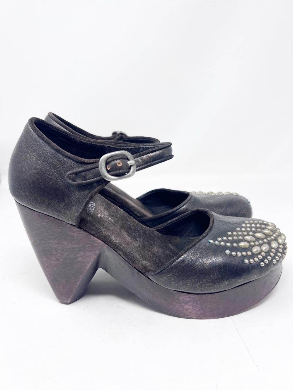 CALLEEN CORDERO BROWN LEATHER STUDDED ROIND TOE WOODEN PLATFORM CLOGS SHOES SZ 8